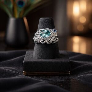 *NEW* 925 Silver 3 Carat Moissanite Peacock Feather Ring